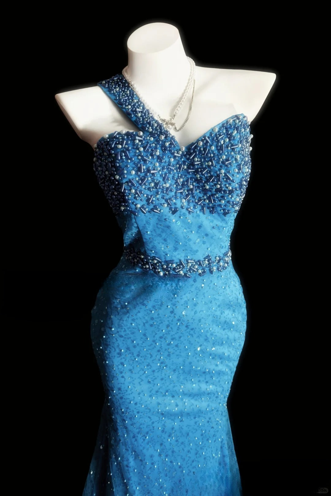 Chic Sheath Blue Long Prom Dresses Tulle Beaded One-shoulder Evening Dresses Sleeveless Party Outfit ED05963