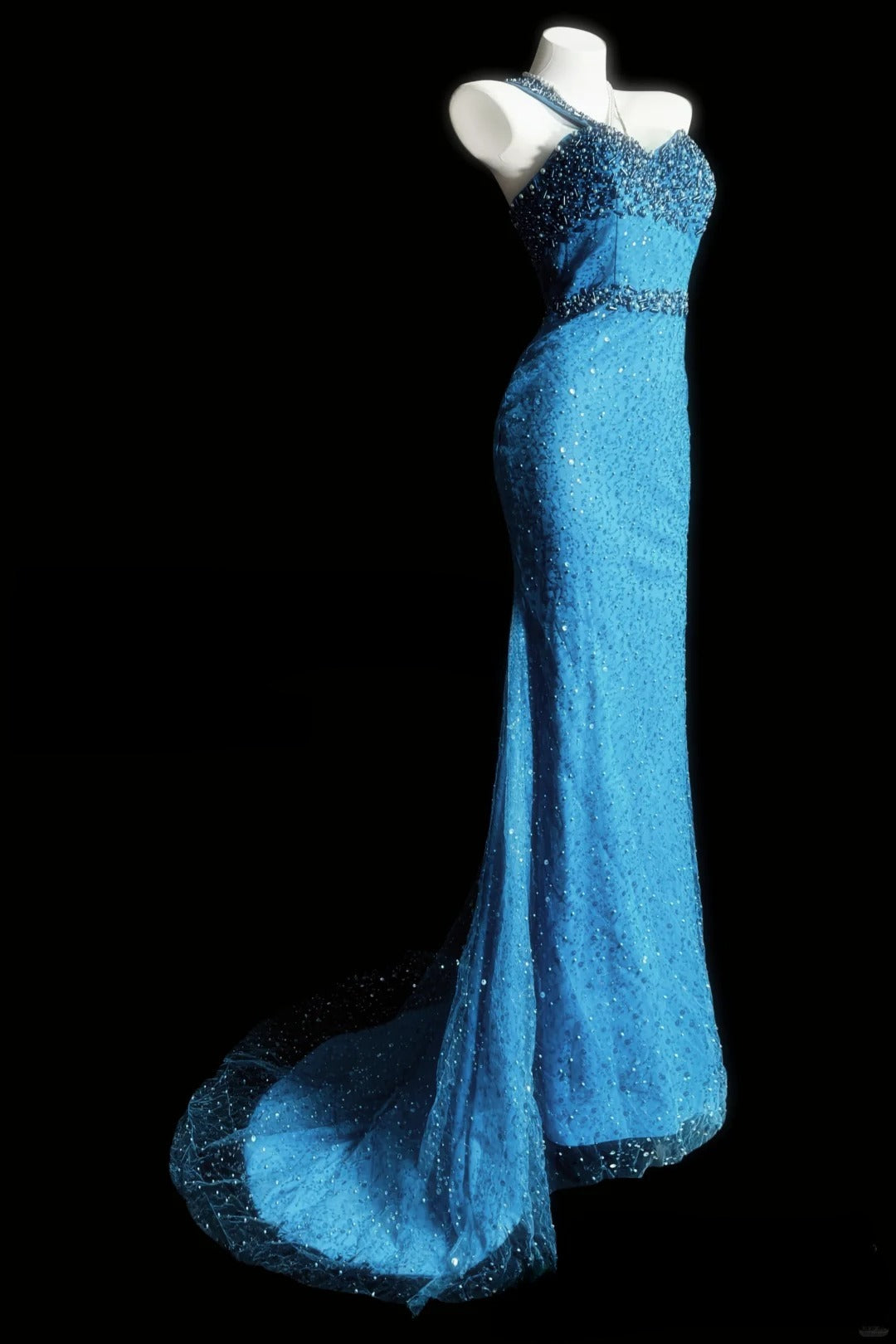 Chic Sheath Blue Long Prom Dresses Tulle Beaded One-shoulder Evening Dresses Sleeveless Party Outfit ED05963