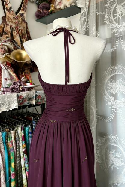 Chic Sheath Grape Wedding Guest Dresses Beaded Chiffon Halter Long Evening Dresses ED05964