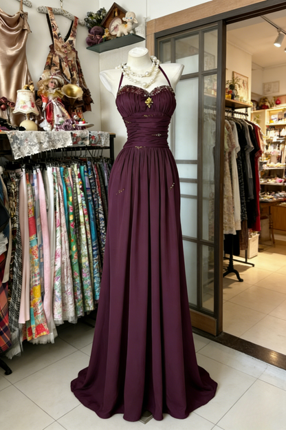 Chic Sheath Grape Wedding Guest Dresses Beaded Chiffon Halter Long Evening Dresses ED05964