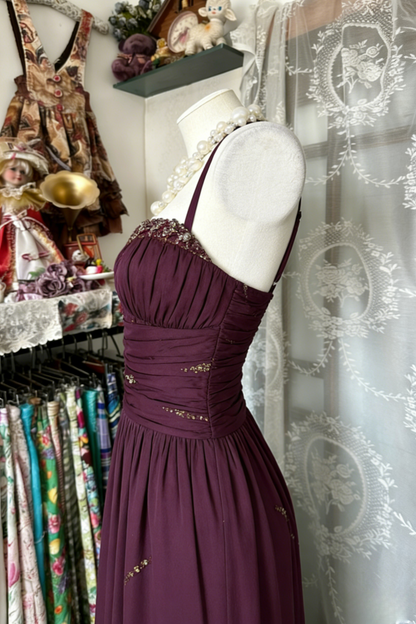 Chic Sheath Grape Wedding Guest Dresses Beaded Chiffon Halter Long Evening Dresses ED05964