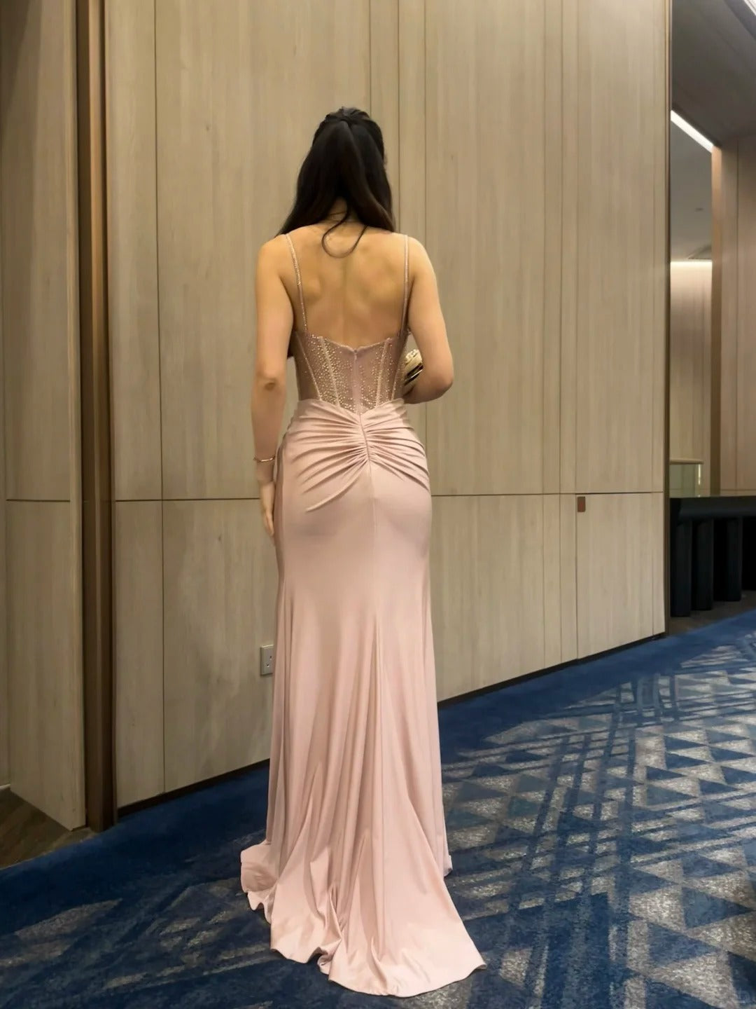 Elegant Sheath Dusty Pink Wedding Guest Dresses Beaded Satin Spaghetti Straps Evening Dresses with Slits ED05965