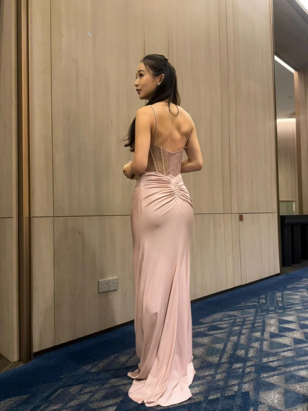 Elegant Sheath Dusty Pink Wedding Guest Dresses Beaded Satin Spaghetti Straps Evening Dresses with Slits ED05965