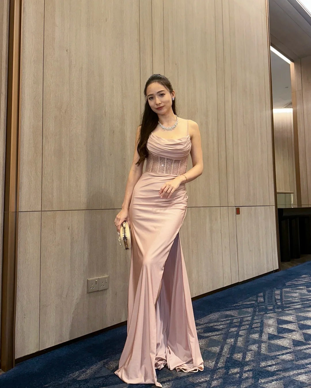 Elegant Sheath Dusty Pink Wedding Guest Dresses Beaded Satin Spaghetti Straps Evening Dresses with Slits ED05965