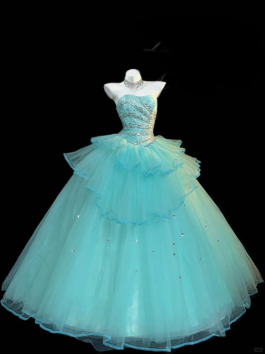 Cute Ball Gown Tiffany Blue Long Prom Dresses Tulle Strapless Quinceanera Dresses Sleeveless Sweet 16 Dress ED05970