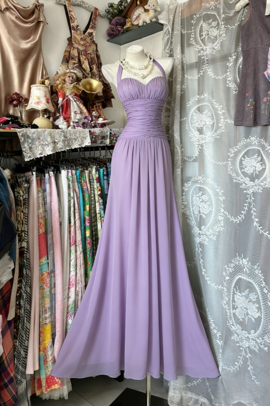Elegant Sheath Purple Wedding Guest Dresses Chiffon Halter EveningDresses Sleeveless Party Dress ED05971