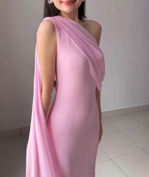 Elegant Sheath Pink Bridesmaid Dresses Chiffon One-shoulder EveningDresses Sleeveless Party Dress ED05973