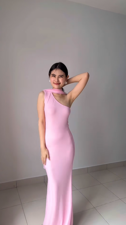 Elegant Sheath Pink Bridesmaid Dresses Chiffon One-shoulder EveningDresses Sleeveless Party Dress ED05973