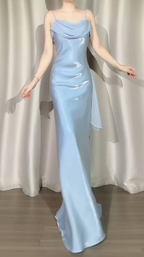 Elegant Sheath Blue Bridesmaid Dresses Silk Spaghetti Straps Long Evening Dresses Sleeveless Party Dress ED05974