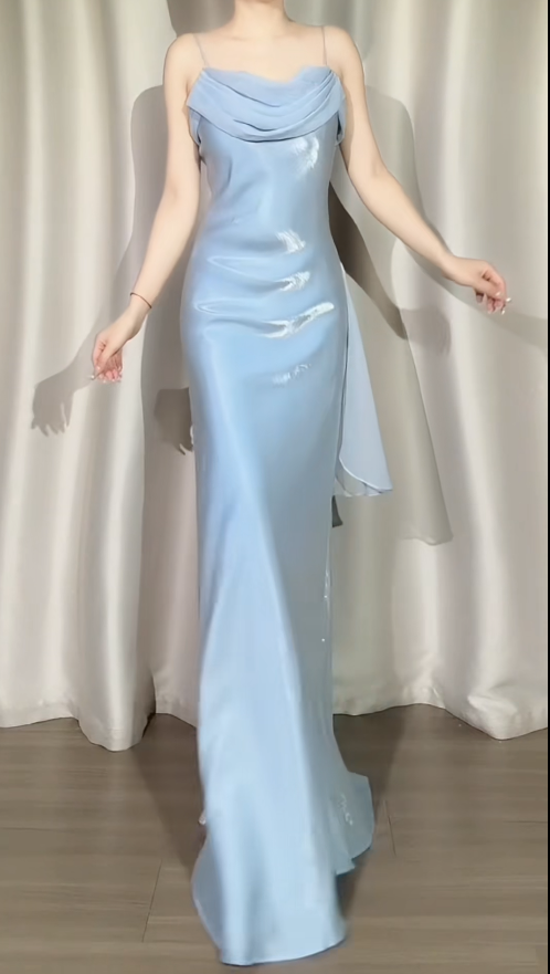 Elegant Sheath Blue Bridesmaid Dresses Silk Spaghetti Straps Long Evening Dresses Sleeveless Party Dress ED05974