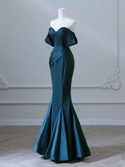 Simple Off Shoulder Satin Ink Blue Long Prom Dress, Ink Blue Long Formal Dress ED0598