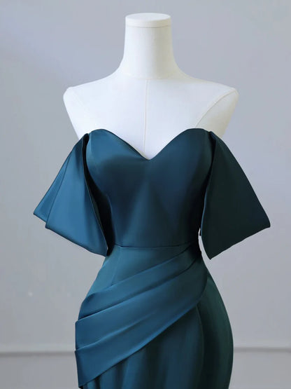 Simple Off Shoulder Satin Ink Blue Long Prom Dress, Ink Blue Long Formal Dress ED0598