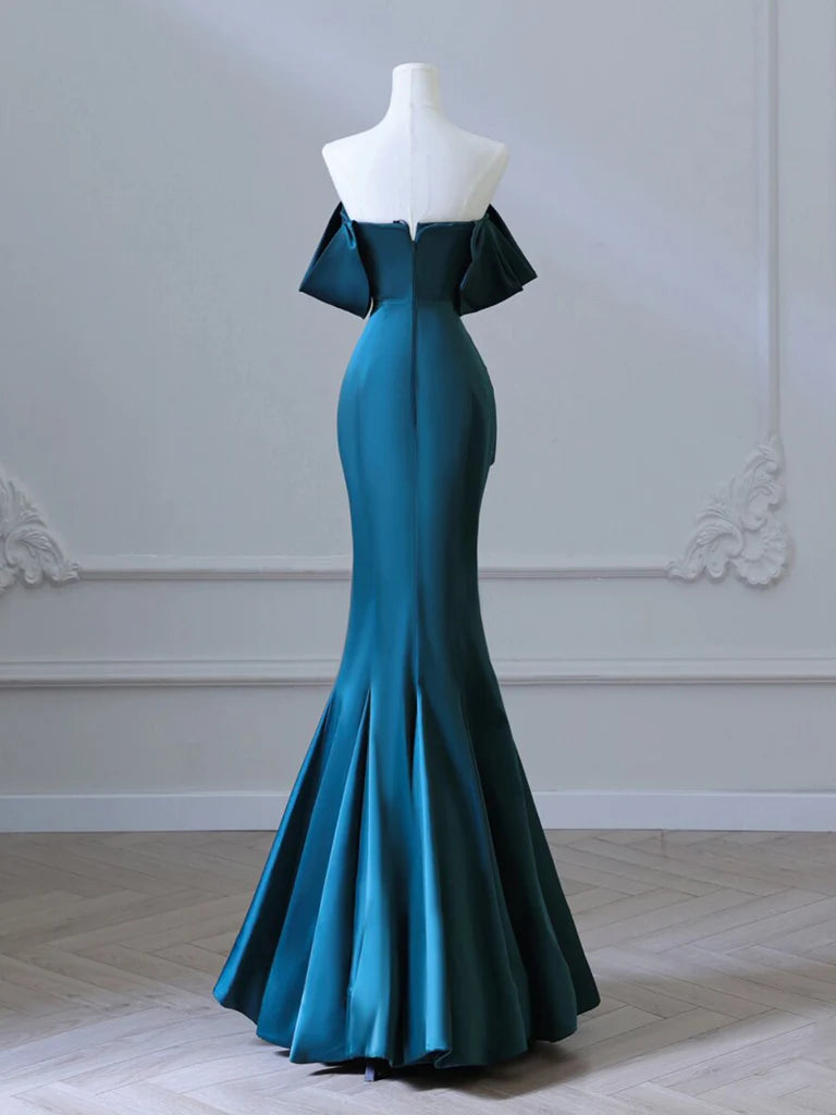 Simple Off Shoulder Satin Ink Blue Long Prom Dress, Ink Blue Long Formal Dress ED0598