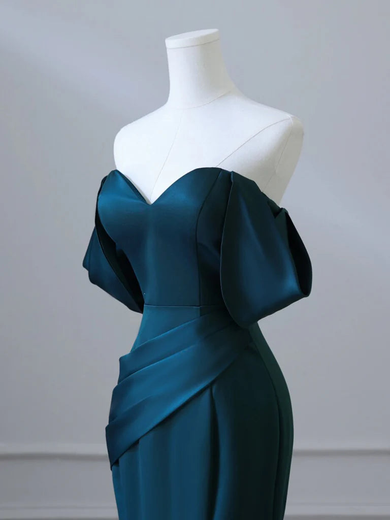 Simple Off Shoulder Satin Ink Blue Long Prom Dress, Ink Blue Long Formal Dress ED0598