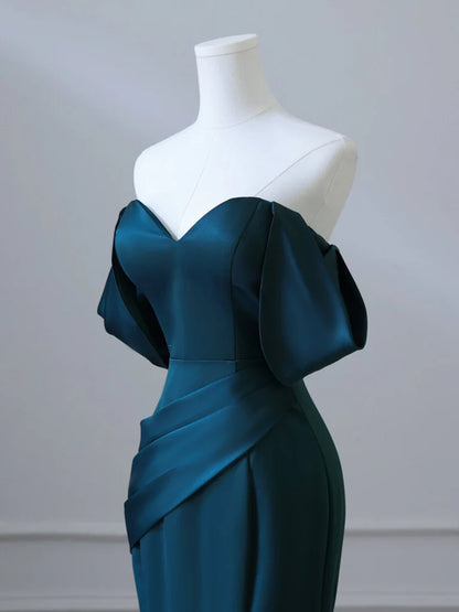 Simple Off Shoulder Satin Ink Blue Long Prom Dress, Ink Blue Long Formal Dress ED0598