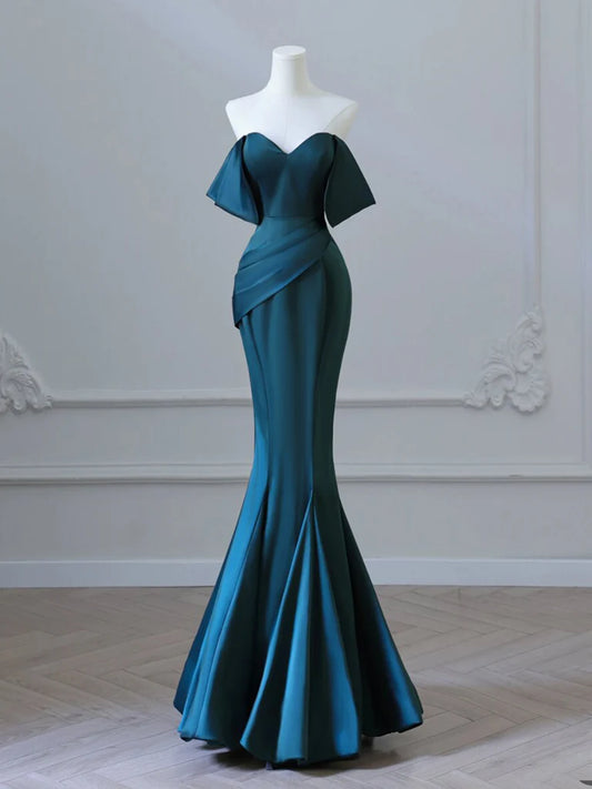 Simple Off Shoulder Satin Ink Blue Long Prom Dress, Ink Blue Long Formal Dress ED0598