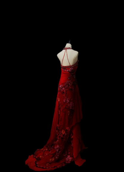Elegant Sheath Burgundy Long Prom Dresses Appliques Chiffon Straps Evening Dresses ED05981