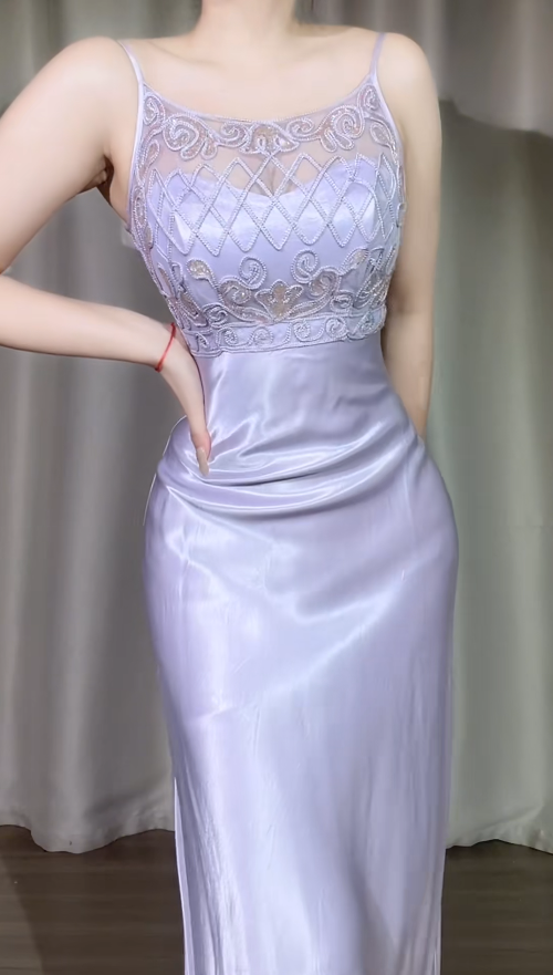 Elegant Sheath Lilac Long Prom Dresses Satin Spaghetti Straps Evening Dresses ED05982