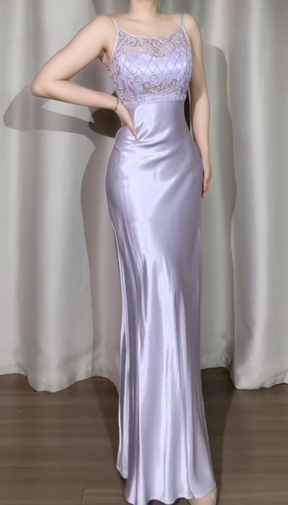 Elegant Sheath Lilac Long Prom Dresses Satin Spaghetti Straps Evening Dresses ED05982