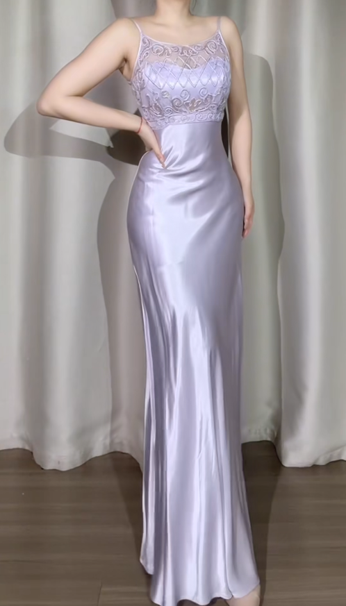 Elegant Sheath Lilac Long Prom Dresses Satin Spaghetti Straps Evening Dresses ED05982