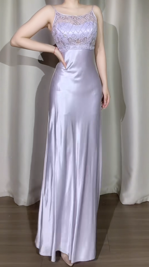 Elegant Sheath Lilac Long Prom Dresses Satin Spaghetti Straps Evening Dresses ED05982