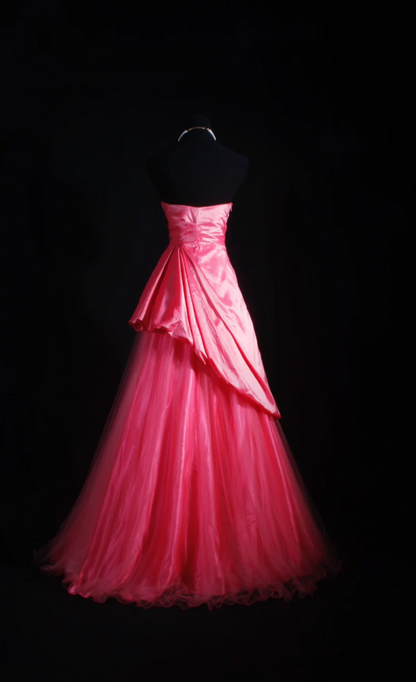 Cute A-Line Pink Long Prom Dresses Satin Tulle Strapless Evening Dresses ED05984