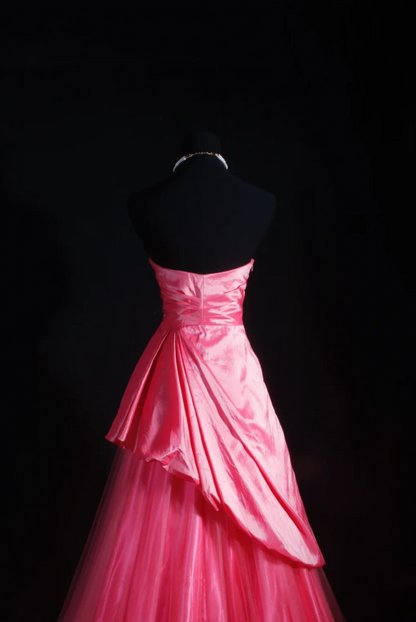 Cute A-Line Pink Long Prom Dresses Satin Tulle Strapless Evening Dresses ED05984