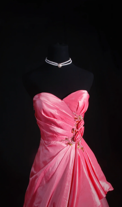 Cute A-Line Pink Long Prom Dresses Satin Tulle Strapless Evening Dresses ED05984