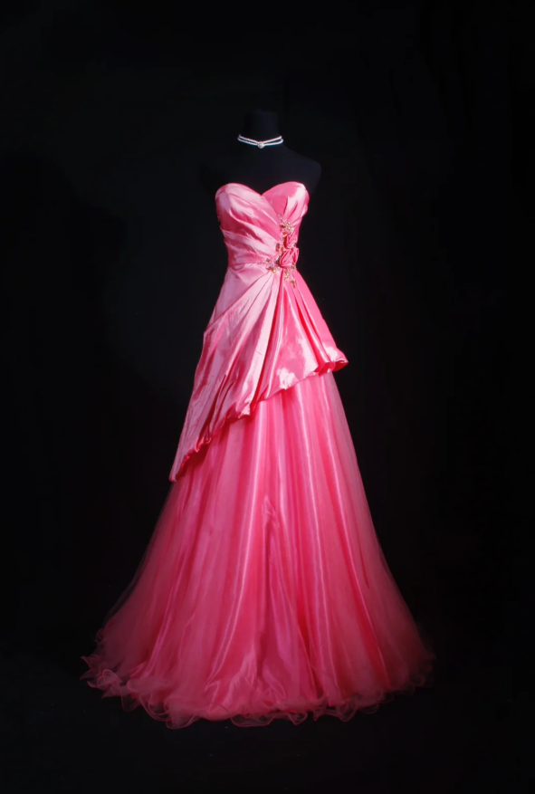 Cute A-Line Pink Long Prom Dresses Satin Tulle Strapless Evening Dresses ED05984