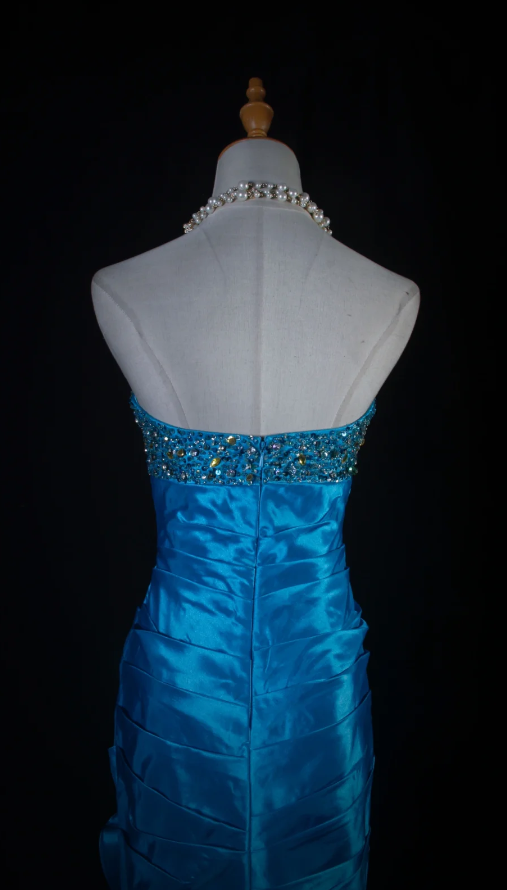 Cute Sheath Blue Bridesmaid Dresses Long Prom Dresses Satin Beaded Sweetheart Evening Dresses ED05986