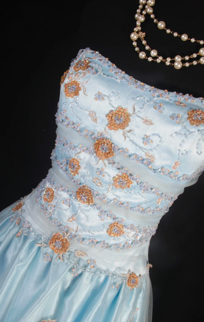 Cute Sheath Pale Blue Long Prom Dresses Satin Beaded Strapless Evening Dresses ED05987