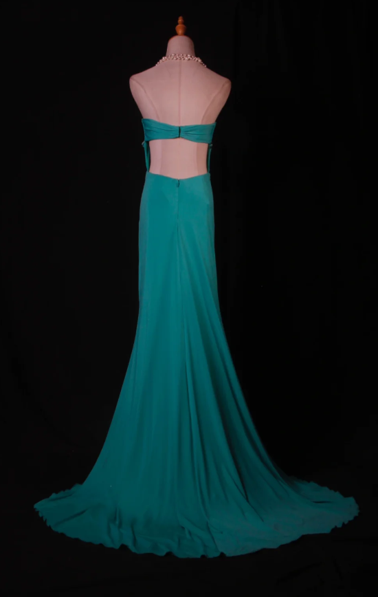 Glam Sheath Turquoise Long Prom Dresses Chiffon Beaded Strapless Evening Dresses with Slit ED05987