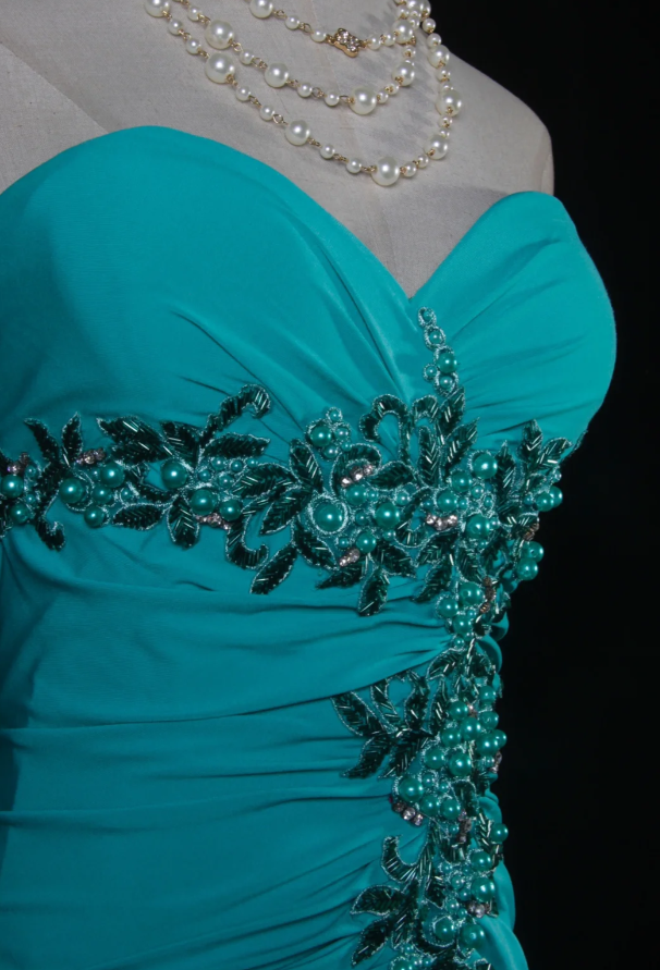 Glam Sheath Turquoise Long Prom Dresses Chiffon Beaded Strapless Evening Dresses with Slit ED05987