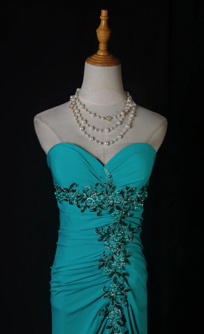 Glam Sheath Turquoise Long Prom Dresses Chiffon Beaded Strapless Evening Dresses with Slit ED05987