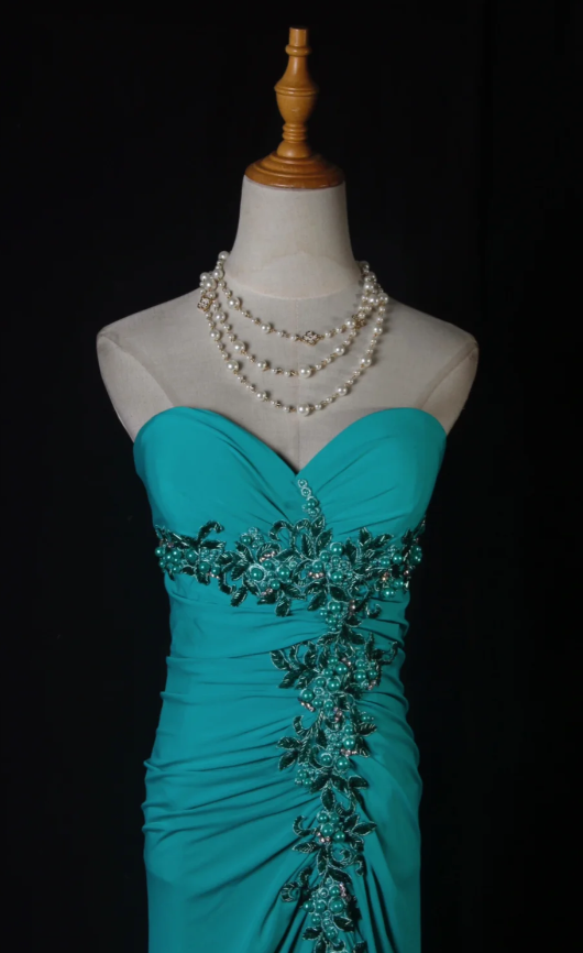 Glam Sheath Turquoise Long Prom Dresses Chiffon Beaded Strapless Evening Dresses with Slit ED05987