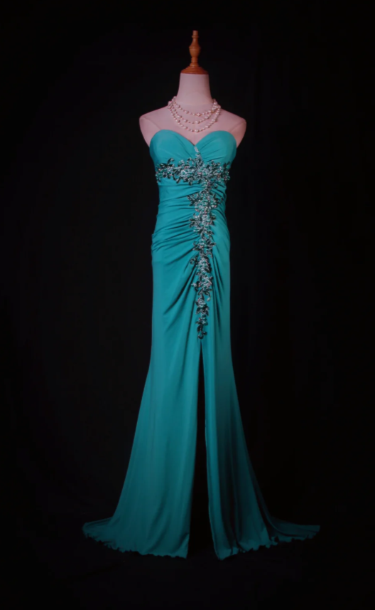 Glam Sheath Turquoise Long Prom Dresses Chiffon Beaded Strapless Evening Dresses with Slit ED05987