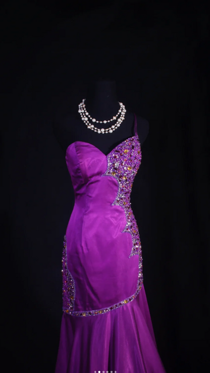 Glam Sheath Purple Long Prom Dresses Satin Beaded One-shoulder Evening Dresses  ED05988