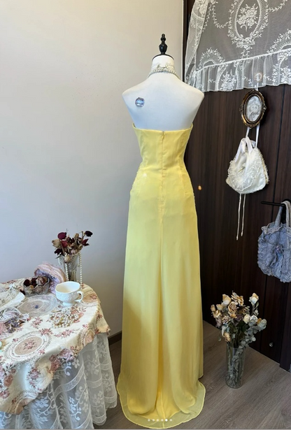 Cute Sheath Yellow Long Prom Dresses Chiffon Strapless Evening Dresses   ED05989