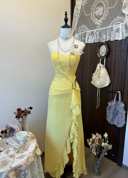 Cute Sheath Yellow Long Prom Dresses Chiffon Strapless Evening Dresses   ED05989