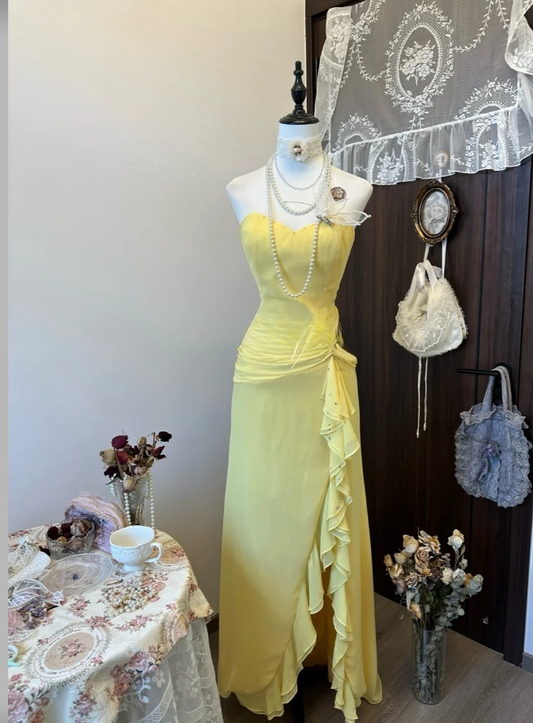 Cute Sheath Yellow Long Prom Dresses Chiffon Strapless Evening Dresses   ED05989