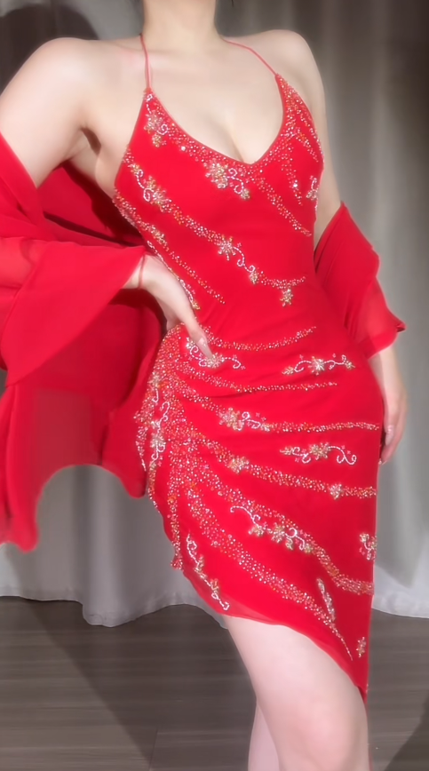 Sexy Sheath Red Short Prom Dresses Chiffon Beaded Spaghetti Straps Evening Dresses  ED05990