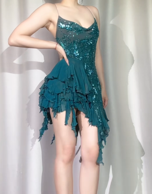 Sexy Sheath Teal Short Prom Dresses Chiffon Beaded Spaghetti Straps Evening Dresses   ED05991