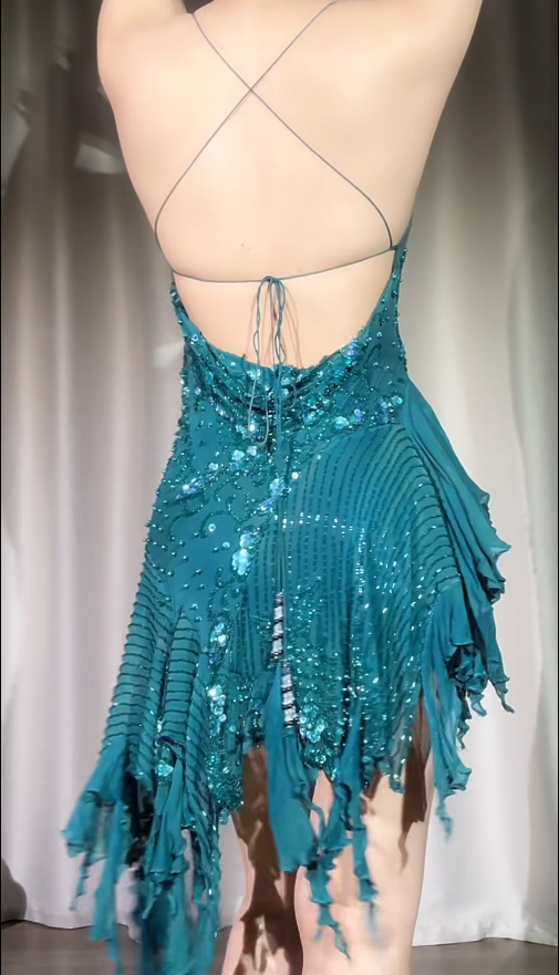 Sexy Sheath Teal Short Prom Dresses Chiffon Beaded Spaghetti Straps Evening Dresses   ED05991