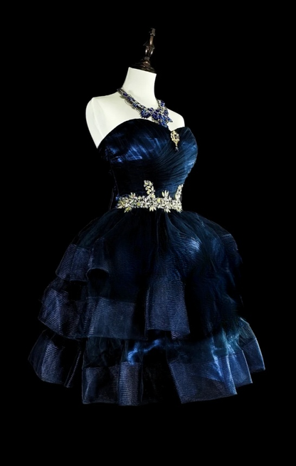 Sexy A-line Navy Blue Short Prom Dresses Tulle Strapless Evening Dresses  ED05993