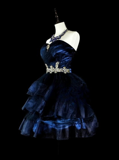 Sexy A-line Navy Blue Short Prom Dresses Tulle Strapless Evening Dresses  ED05993