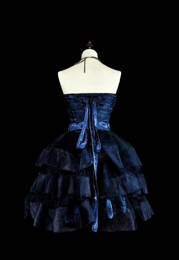 Sexy A-line Navy Blue Short Prom Dresses Tulle Strapless Evening Dresses  ED05993