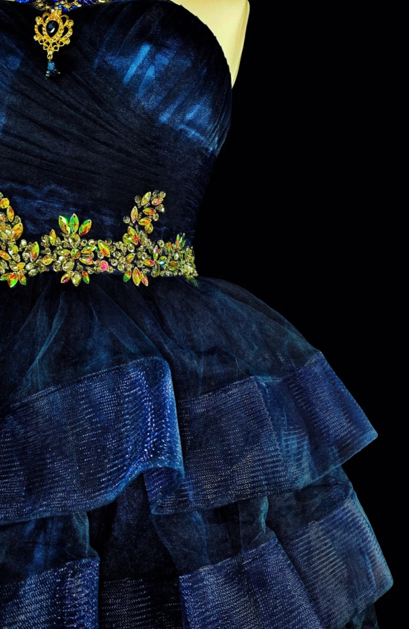 Sexy A-line Navy Blue Short Prom Dresses Tulle Strapless Evening Dresses  ED05993