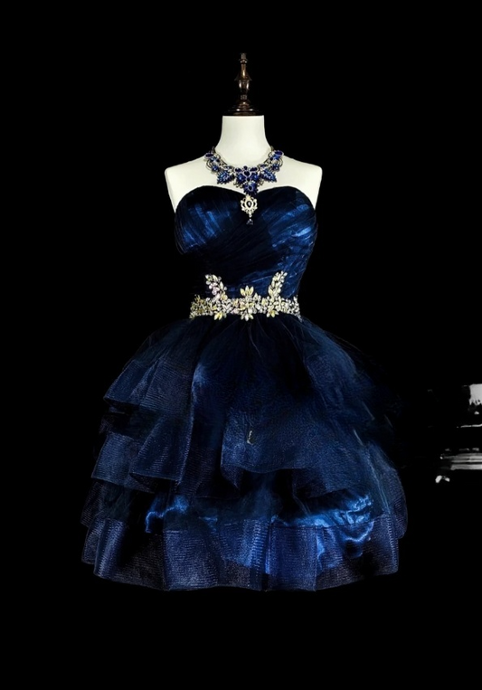 Sexy A-line Navy Blue Short Prom Dresses Tulle Strapless Evening Dresses  ED05993