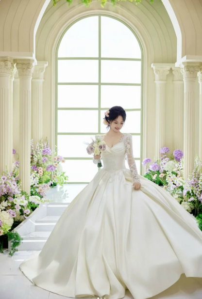 Chic A-Line Long Wedding Dresses Satin  White Bridal Dresses Beaded Long Sleeves Bridal Gown ED05995