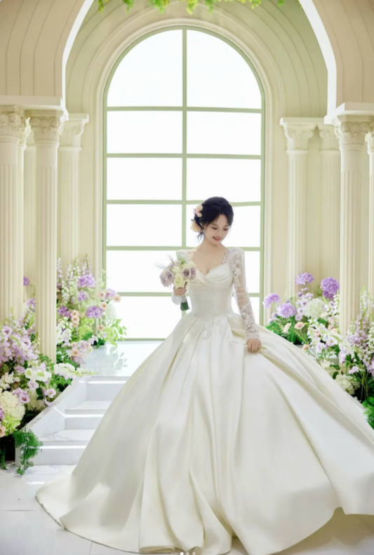 Chic A-Line Long Wedding Dresses Satin  White Bridal Dresses Beaded Long Sleeves Bridal Gown ED05995